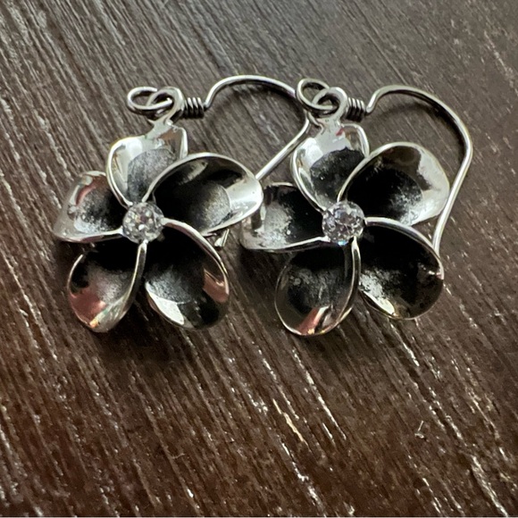 Boutique Brand Jewelry - Plumeria CZ Sterling Silver Floral Dangle Drop Earrings.